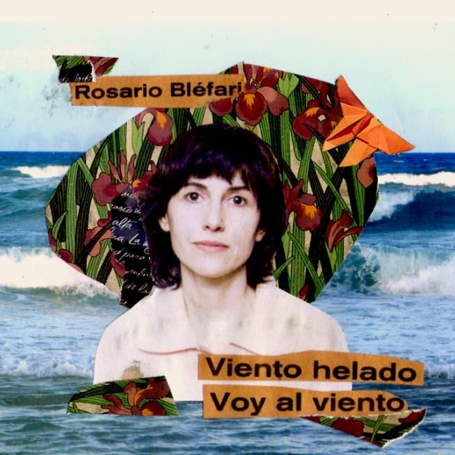 Collage con foto de Rosario Bléfari sobre costa del mar. Frase: Viento helado voy al viento.