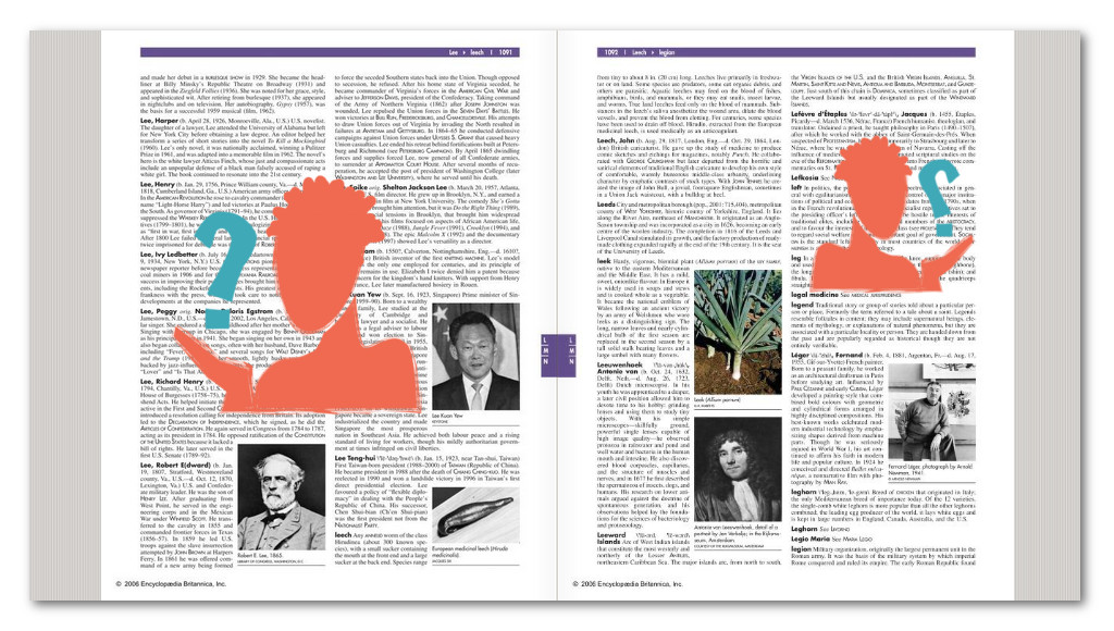 Two pages of Britannica where all photos of people are men.