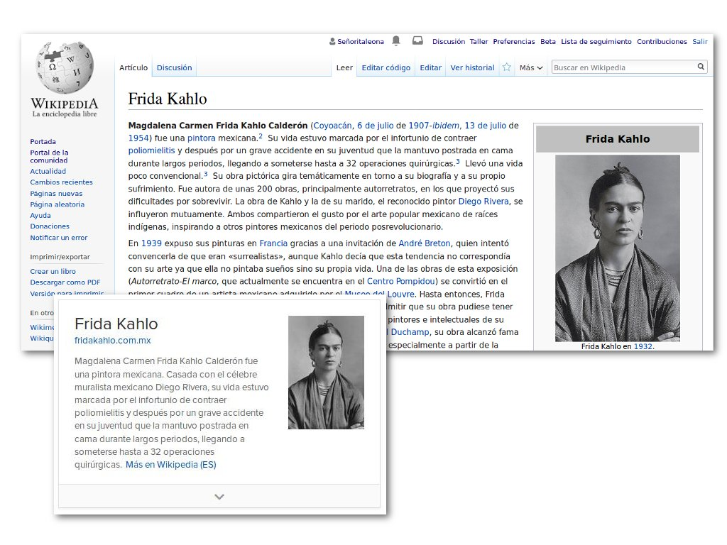 Screenshot of Wikipedia page for Frida Khalo, showing her portrait and a preview in a search result.